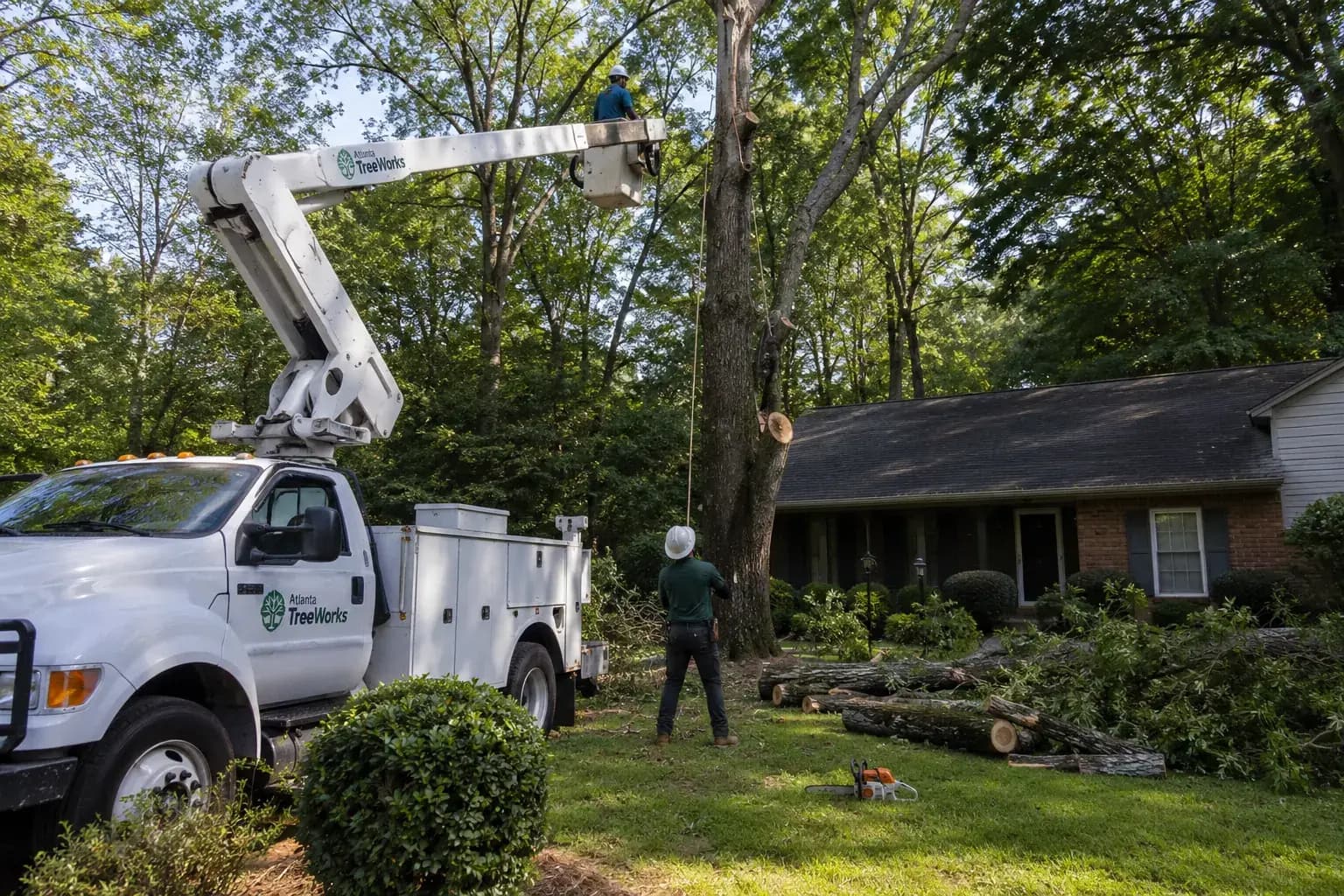 Tree crew using ropes to lower a large limb beside a Jacksonville home